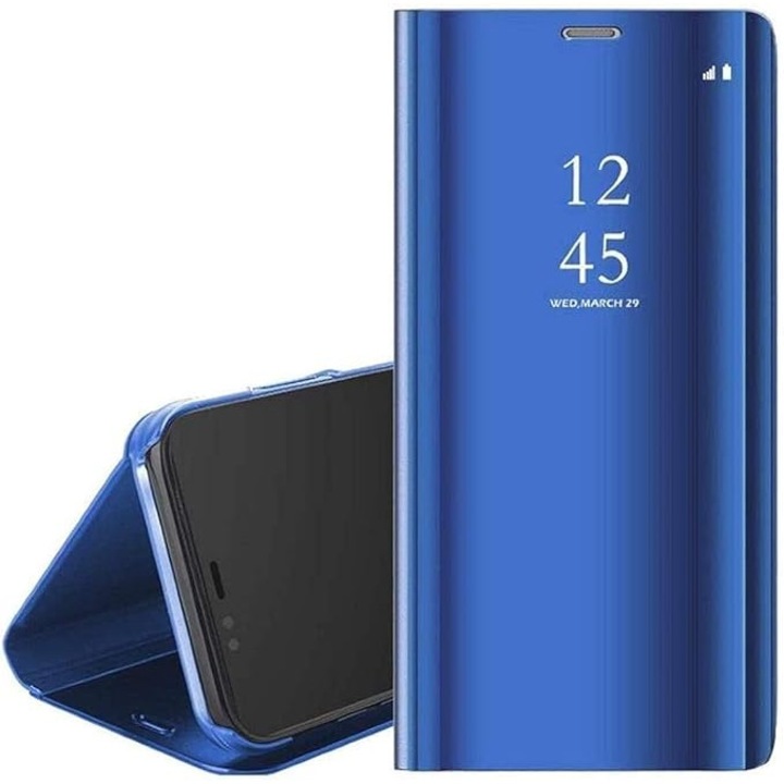 Husa Carte cu Oglinda pentru Samsung Galaxy S24 FE – Flip Cover Smart, Ecran Vizibil, Protectie 360°, Albastra
