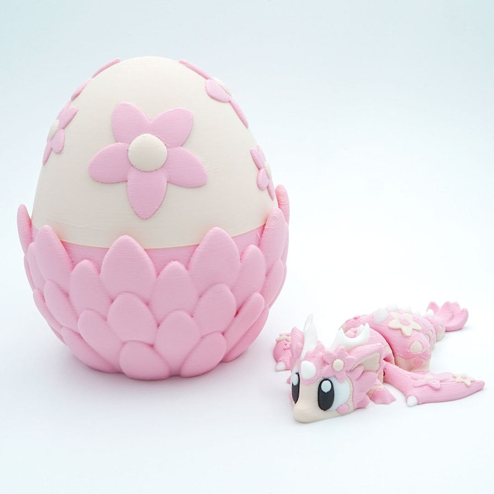 Set Mini Dragon Flori de Cires + Ou de Dragon, Figurina Articulata, 3D, Roz