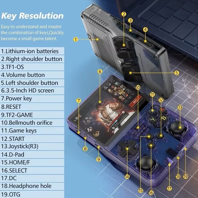 Consolă portabilă retro, Bluvista, 3, 5 inci, 64 GB, negru transparent