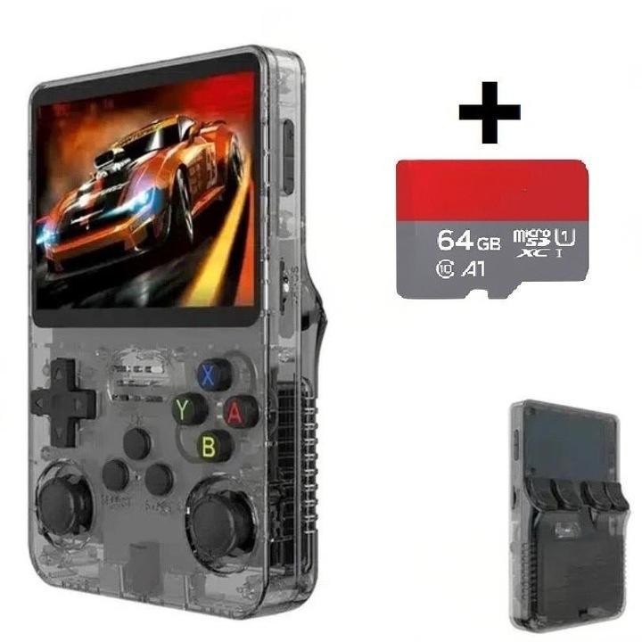 Consola Bluvista® R36S portabila retro, microSD 64GB, 15000 jocuri, ArkOS 2.0, IPS LCD 3.5" 640x480, CPU RK3326, 3200mAh, Emulator N64 PSP PS1 PlayStation Sega, Culoare Negru Transparent