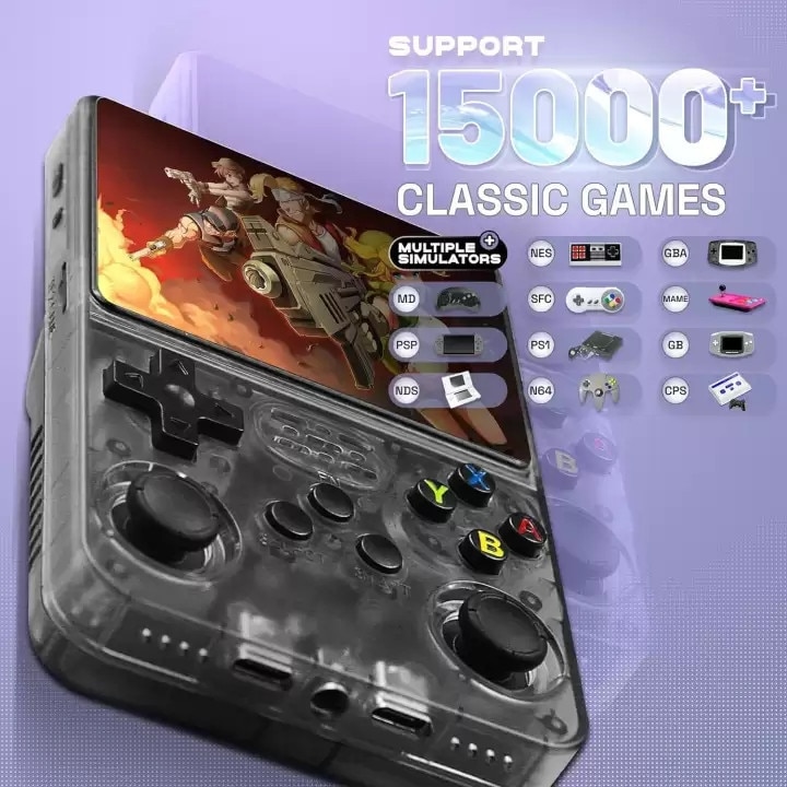 Consola retro portabila R36S 64GB cu jocuri, 15000 jocuri, ArkOS 2.0, IPS LCD 3.5" 640x480, CPU RK3326, GPU MALI-G31MP2, 1GB DDR3L, Emulator N64 PSP PS1 PlayStation Sega, Negru Transparent