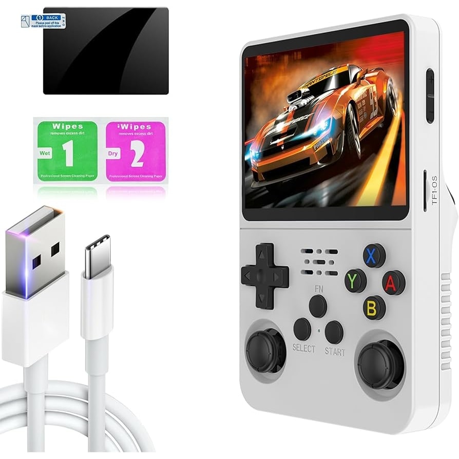 Consola portabila retro, Bedee, Ecran MIPI de 3,5 inci, 21.000 de jocuri clasice selectate, joystick de inalta precizie, Card de memorie 64G geanta de depozitare cu fermoar, Elegant si frumos, alb