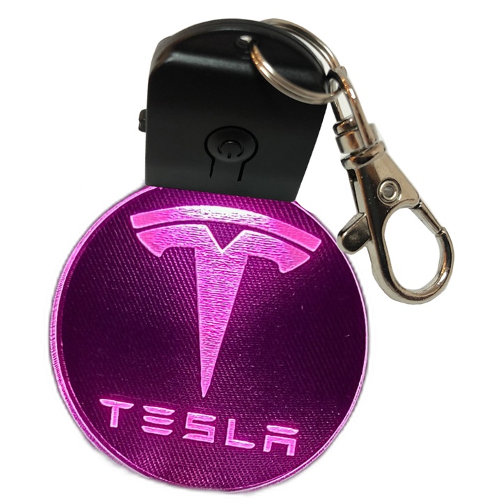Breloc cu LED - Tesla, auto, cu baterie, rotund, multicolor, din acril