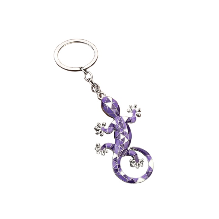 3D kulcstartó, Gecko gyík modell, lila fémötvözetből