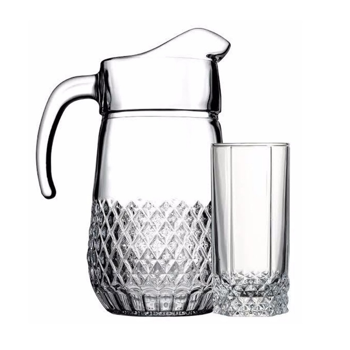 Set carafă 1.33L și 6 pahare 290ml Pasabahce Valse, sticlă, formă rotunjită, design unghiular