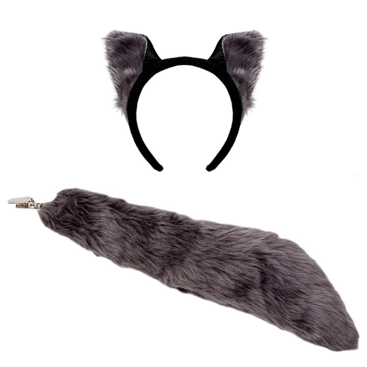Set urechi si coada lup, pentru costum carnaval, dimensiune universala, gri