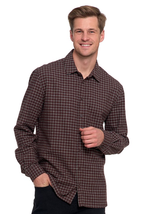 Camasa barbateasca Moraj, bumbac, in carouri, maneca lunga, maro/alb