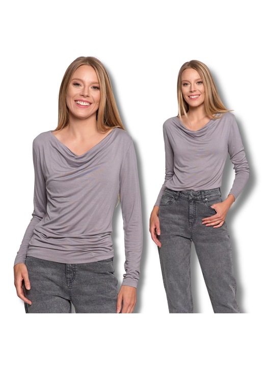 Tricou dama Moraj, elegant, cu decolteu in moda, maneci lungi, gri, tricot din viscoza cu elastan, L INTL