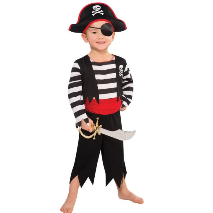 Costum de pirat pentru copii, set complet, negru cu alb si rosu, 8-10 ani, dimensiuni pantaloni 73x46cm, bluza 50cm.
