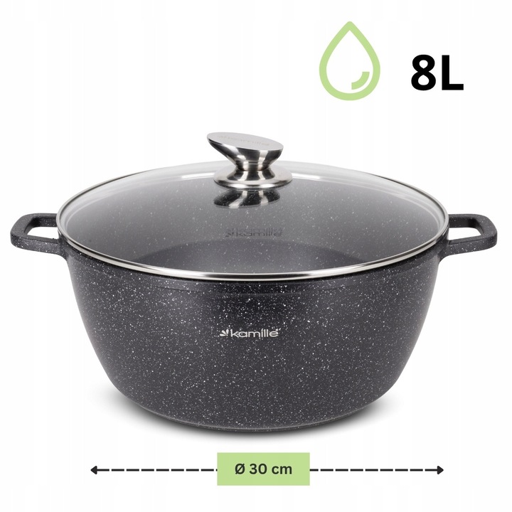 Oala din Aluminiu Turnat cu Invelis Marmorat 8 L, compatibila cu inductie, cu capac de sticla