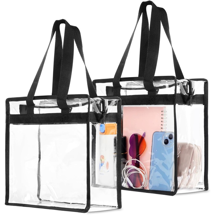 Geanta tote transparenta din PVC cu fermoar, set 2 buc., transparent/negru, 12 x 6 x 12 in
