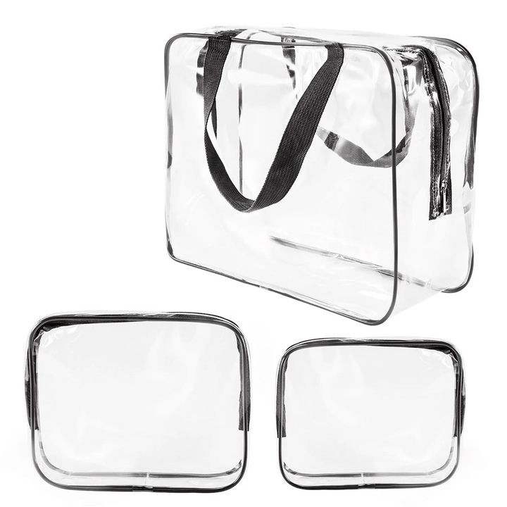Set de 3 truse cosmetice din PVC transparent cu fermoar si manere, Transparent, marimi variate