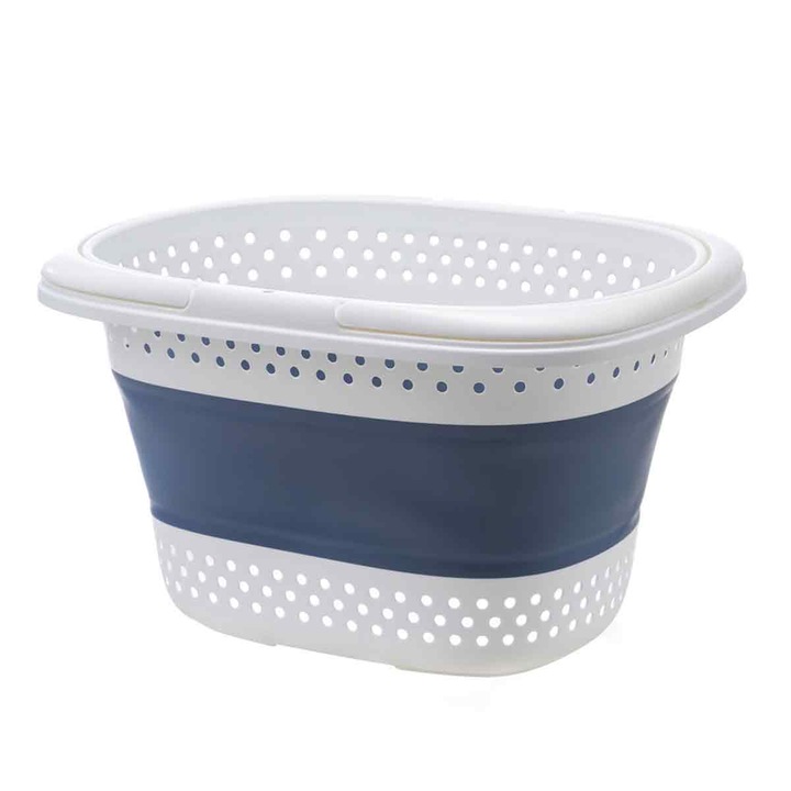 Cos de rufe pliabil LR-20260824-30347, din plastic, cu maner, ventilat, alb/albastru, 16 x 12 x 11 in