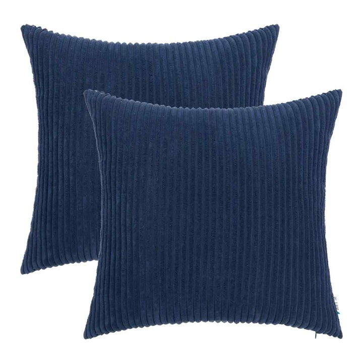 Huse de perna set 2 din catifea cotelata (corduroy), cu fermoar ascuns, bleumarin, 50 x 50 cm