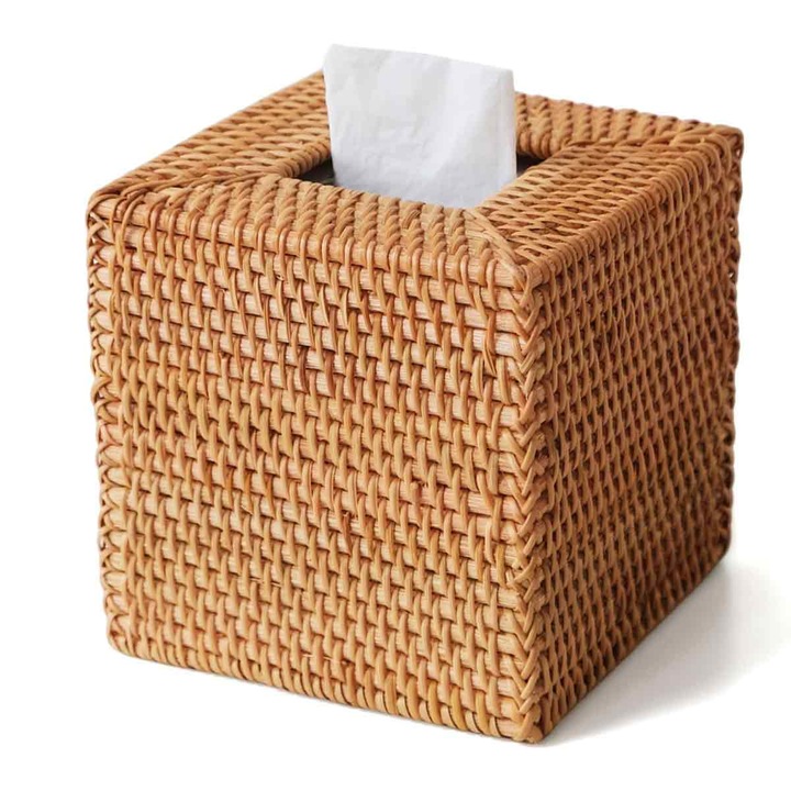 Coperta pentru cutie de servetele din ratan impletit LR-20260824-30349, design patrat, bej natural, 14.5 x 14.5 x 14.5 cm