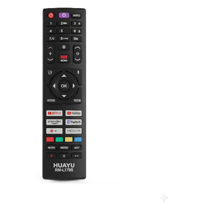 HUAYU RM-L1785 multifunkcionális intelligens távirányító - teljes billentyűzettel, Eco móddal, TV/Set-Top Box-hoz, fekete