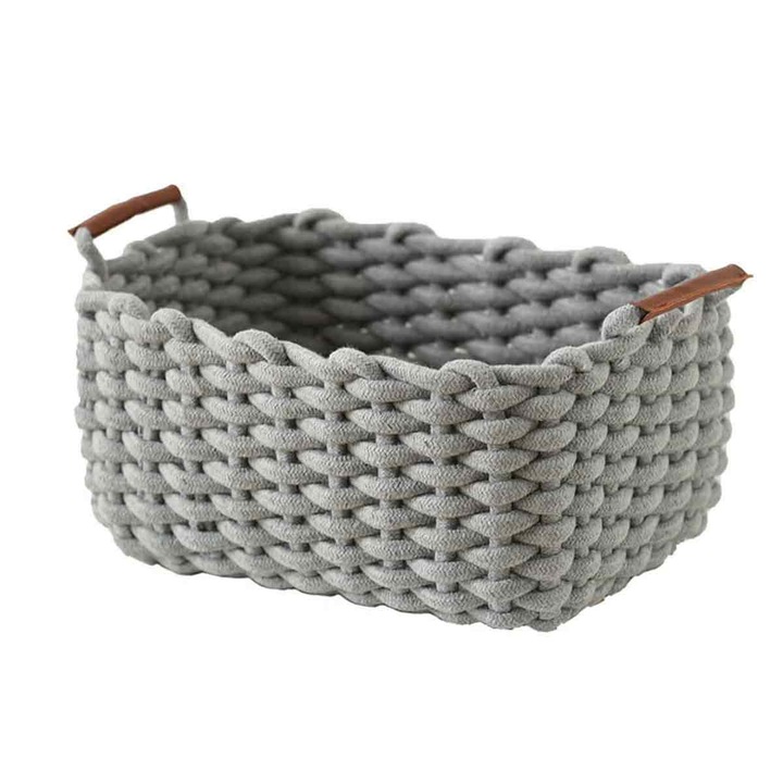 Cos de depozitare tricotat din franghie groasa LR-20260824-30368, design chunky knit cu manere maro, gri