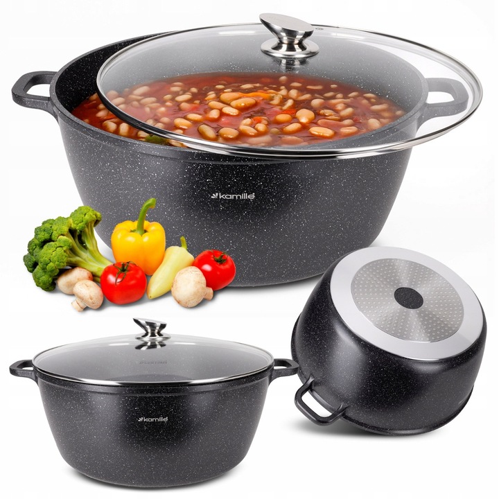 Oala din Aluminiu Turnat cu Invelis Marmorat 18.5 L, Compatibila cu Inductie, cu Capac de Sticla