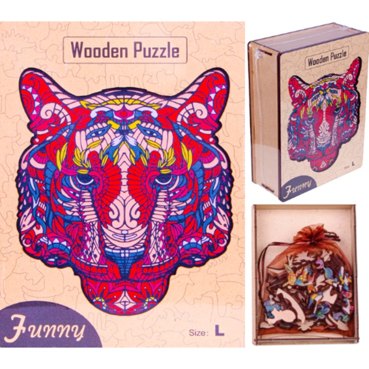 Puzzle din lemn, Norimpex, tigru colorat, 183 piese, 20x6,5x15cm