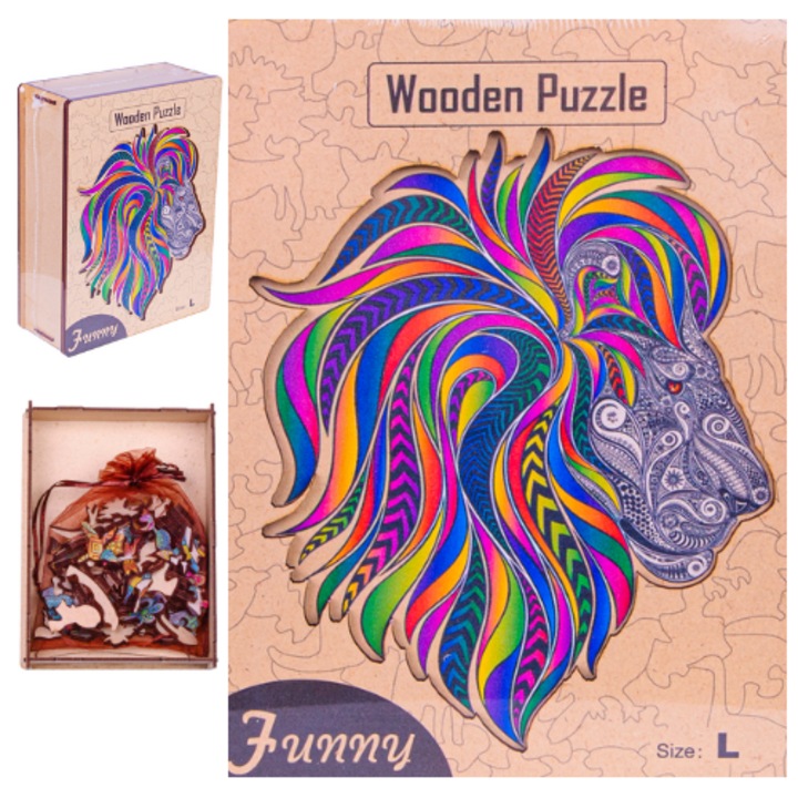 3D fa puzzle, Norimpex, oroszlán motívum, 183 elem, 20x6,5x15cm