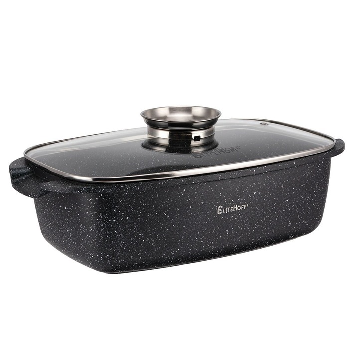 Tava de copt, Elitehoff, aluminiu, marmura, 6.5L, 30x17x11cm, cu capac din sticla si dozator Aroma Knob, negru