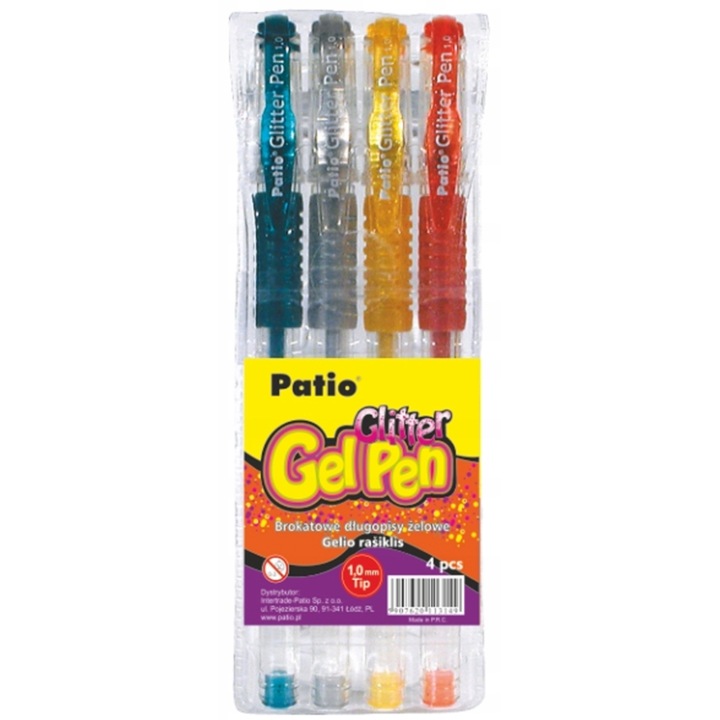 Pixuri cu gel colorate, Patio, set 4 culori, cu sclipici, 1.0 mm