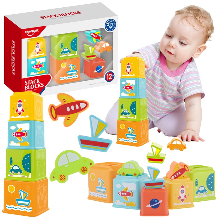 Кубчета за сортиране, Huanger, комплект 5 броя, форми на превозни средства, многоцветни, 32x22x9см