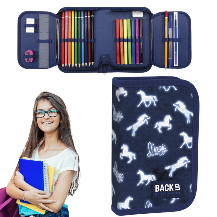 Piórnik BackUp, felszereléssel, 1 rekeszes, cipzáros záródás, stilizált grafika, 20x13x4cm