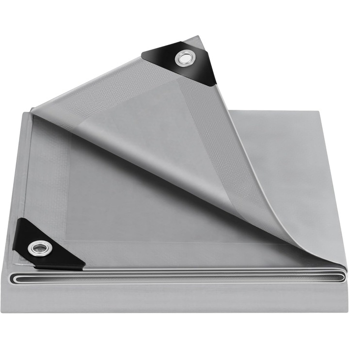 Prelata de protectie, panza de acoperire 3x5 m, PE 140 g/m², impermeabila si UV-stabilizata, margini ranforsate cu coltare triunghiulare, ochiuri inox 15 mm la 50 cm, Gri