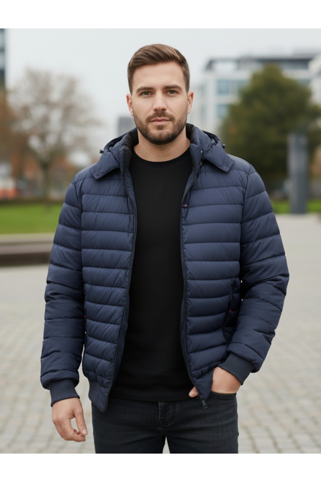 Lee Cooper, Geaca matlasata cu gluga detasabila, Bleumarin, 2XL