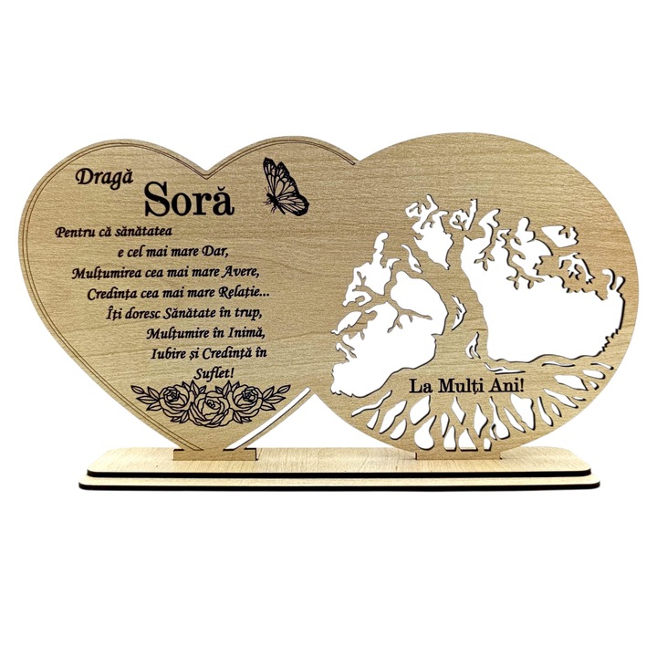 Decoratiune Blank din lemn cu mesaj pentru Sora "Pentru ca sanatatea este..." – cadou personalizat handmade, crem, 30x18 cm