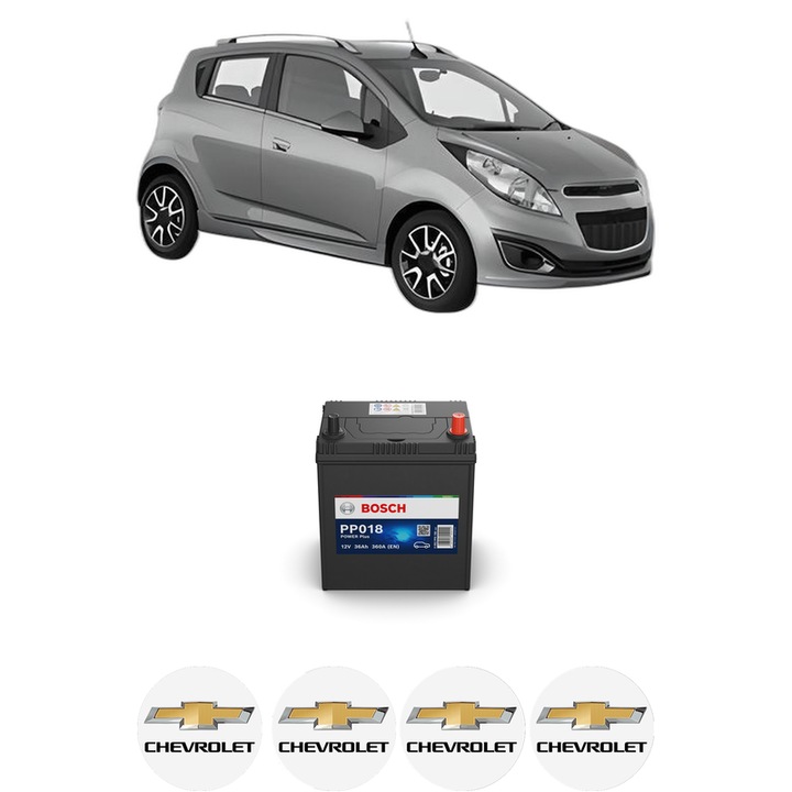 Baterie Acumulator 36 Ah 12 V 360 A CHEVROLET SPARK (M300) 1.0 LPG din 2010 KW 50 CP 68 CMC 995, auto, Bosch, 4x Stickere auto cu CHEVROLET
