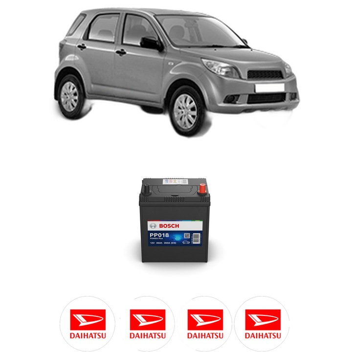 Baterie Acumulator 36 Ah 12 V 360 A DAIHATSU TERIOS (J2_, F7__) 1.3 VVT-i 4x4 din 2005 KW 63 CP 86 CMC 1298, auto, Bosch, 4x Stickere auto cu DAIHATSU