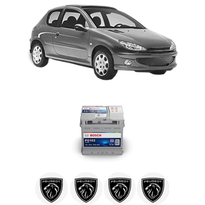 Baterie Acumulator 44 Ah 12 V 360 A PEUGEOT 206 Hatchback (2A/C) 1.4 LPG din 2006-2007 KW 55 CP 75 CMC 1360, auto, Bosch, 4x Stickere auto cu PEUGEOT