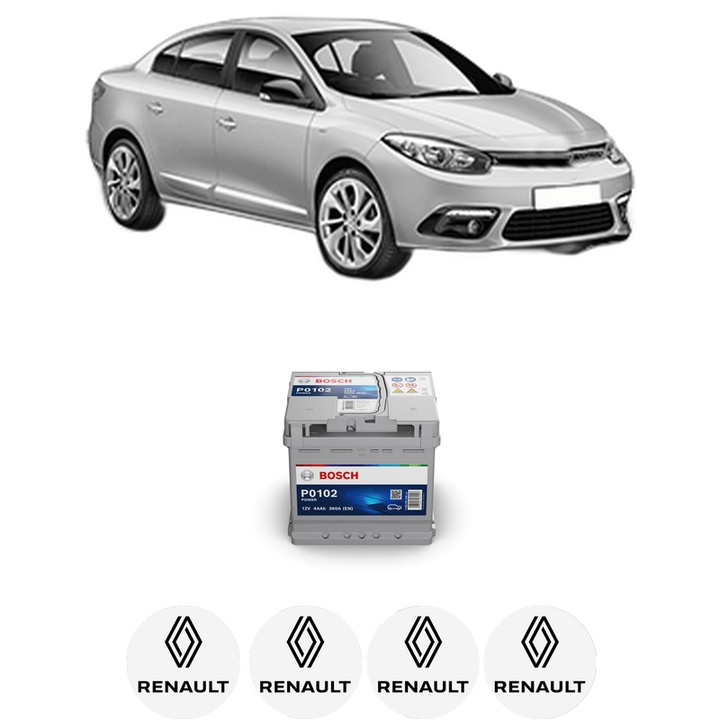 Baterie Acumulator 44 Ah 12 V 360 A RENAULT FLUENCE (L3_) Z.E. din 2012 KW 70 CP 95 CMC n/a, auto, Bosch, 4x Stickere auto cu RENAULT