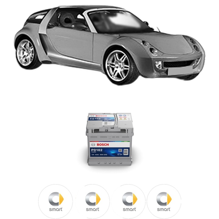 Baterie Acumulator 44 Ah 12 V 360 A SMART ROADSTER Coupe (452) 0.7 (452.332) din 2003-2005 KW 45 CP 61 CMC 698, auto, Bosch, 4x Stickere auto cu SMART