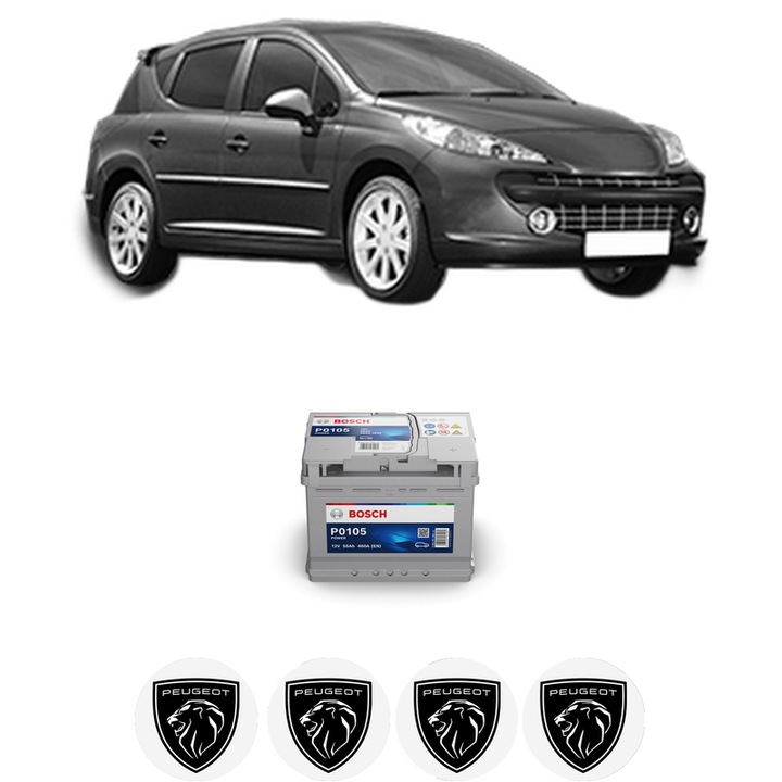 Baterie Acumulator 55 Ah 12 V 460 A PEUGEOT 207 SW (WK_) 1.6 HDi din 2007-2012 KW 80 CP 109 CMC 1560, auto, Bosch, 4x Stickere auto cu PEUGEOT