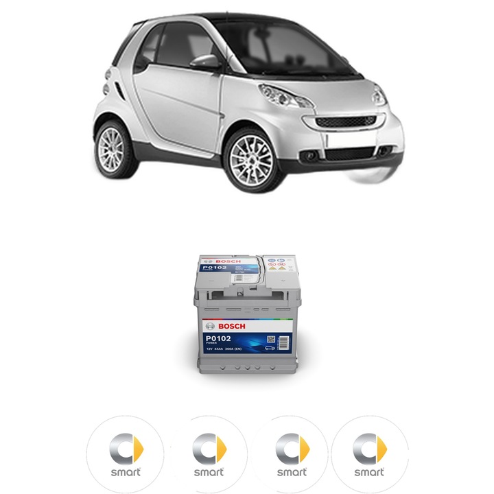Baterie Acumulator 44 Ah 12 V 360 A SMART FORTWO Coupe (451) 1.0 (451.330, 451.334) din 2007 KW 45 CP 61 CMC 999, auto, Bosch, 4x Stickere auto cu SMART