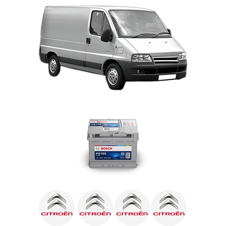 Baterie Acumulator 55 Ah 12 V 460 A CITROEN JUMPER I Van (244) 2 din 2002-2006 KW 81 CP 110 CMC 1998, auto, Bosch, 4x Stickere auto cu CITROEN