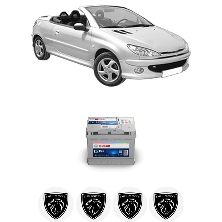 Baterie Acumulator 55 Ah 12 V 460 A PEUGEOT 206 CC (2D) 2.0 S16 din 2000-2007 KW 100 CP 136 CMC 1997, auto, Bosch, 4x Stickere auto cu PEUGEOT