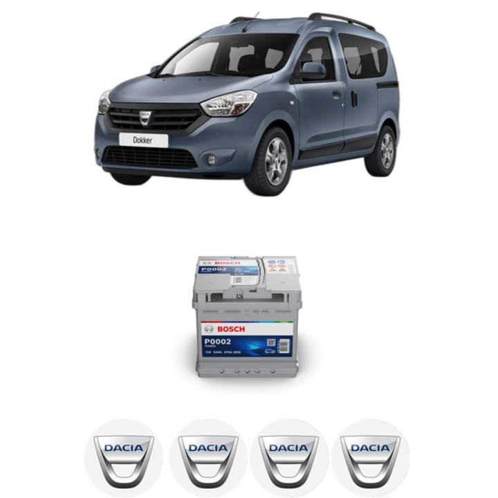 Baterie Acumulator 52 Ah 12 V 470 A DACIA DOKKER Box Body/MPV 1.6 LPG din 2013-2015 KW 61 CP 83 CMC 1598, auto, Bosch, 4x Stickere auto cu DACIA