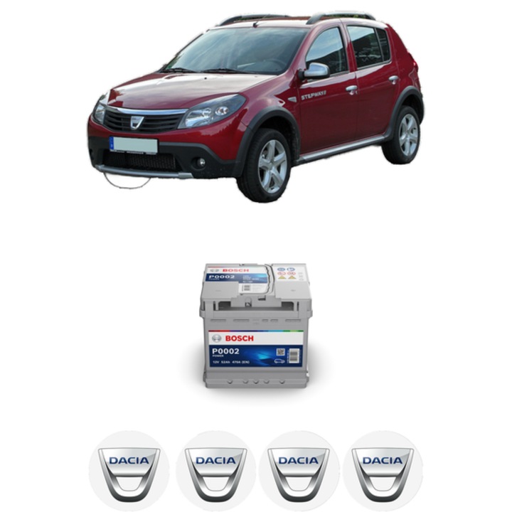 Baterie Acumulator 52 Ah 12 V 470 A DACIA SANDERO 1.5 dCi din 2008 KW 48 CP 65 CMC 1461, auto, Bosch, 4x Stickere auto cu DACIA