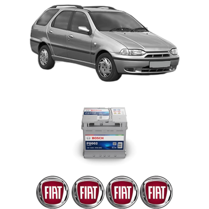 Baterie Acumulator 52 Ah 12 V 470 A FIAT PALIO Weekend (178_, 173_, 373_, 374_, 171_) 1.3 (178DYE1A, 178DYE1AAP, 178DYE1AAT) din 2001-2004 KW 59 CP 80 CMC 1242, auto, Bosch, 4x Stickere auto cu FIAT