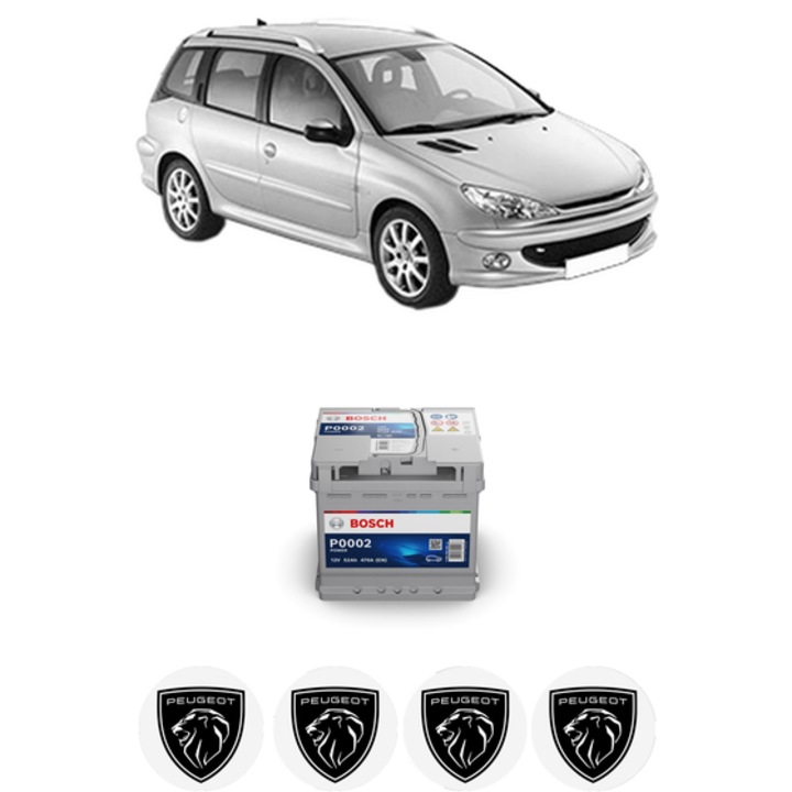 Baterie Acumulator 52 Ah 12 V 470 A PEUGEOT 206 SW (2E/K) 1.6 16V din 2002 KW 80 CP 109 CMC 1587, auto, Bosch, 4x Stickere auto cu PEUGEOT