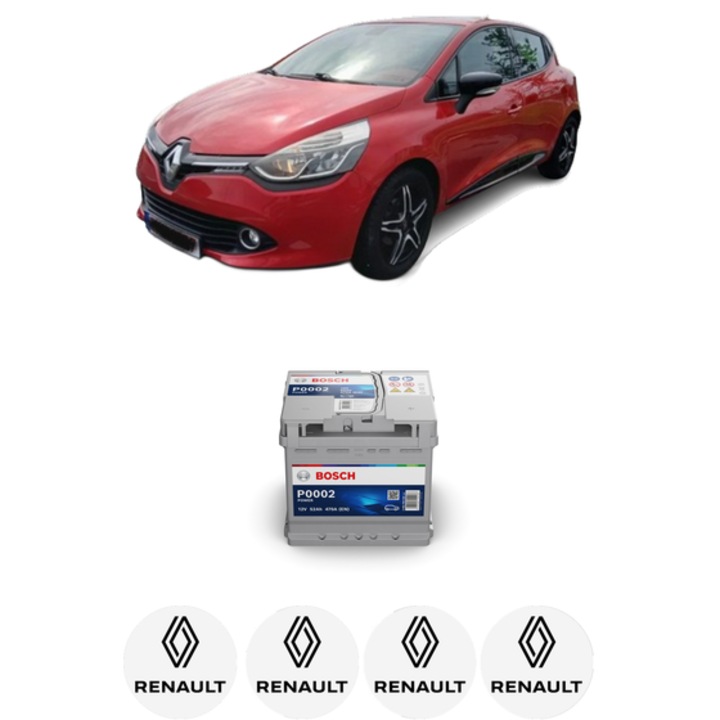 Baterie Acumulator 52 Ah 12 V 470 A RENAULT CLIO IV (BH_) 1.2 16V (BHA1, BHAK, BHMG, BHMK) din 2015-2021 KW 55 CP 75 CMC 1149, auto, Bosch, 4x Stickere auto cu RENAULT