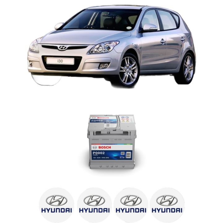 Baterie Acumulator 52 Ah 12 V 470 A HYUNDAI i30 Estate (FD) 1.4 din 2009-2012 KW 80 CP 109 CMC 1396, auto, Bosch, 4x Stickere auto cu HYUNDAI