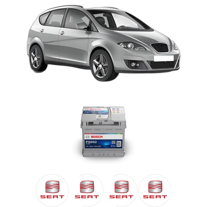 Baterie Acumulator 52 Ah 12 V 470 A SEAT ALTEA XL (5P5, 5P8) 1.4 TSI din 2007-2015 KW 92 CP 125 CMC 1390, auto, Bosch, 4x Stickere auto cu SEAT