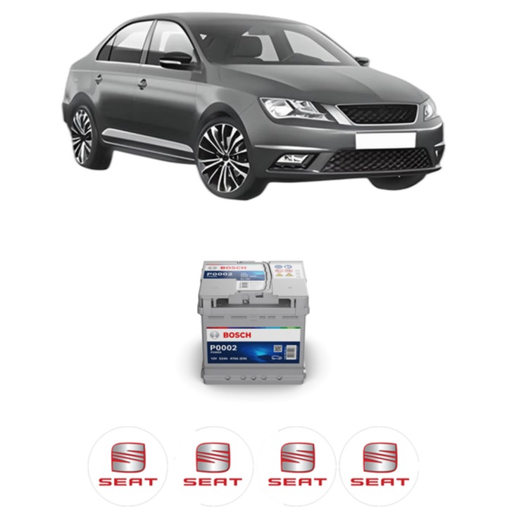 Baterie Acumulator 52 Ah 12 V 470 A SEAT TOLEDO IV (KG3) 1.2 din 2012-2015 KW 55 CP 75 CMC 1198, auto, Bosch, 4x Stickere auto cu SEAT