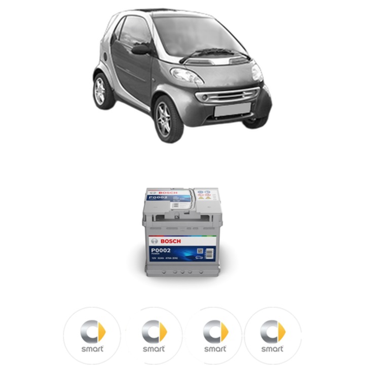 Baterie Acumulator 52 Ah 12 V 470 A SMART FORTWO Coupe (450) 0.7 din 2004-2007 KW 34 CP 45 CMC 698, auto, Bosch, 4x Stickere auto cu SMART
