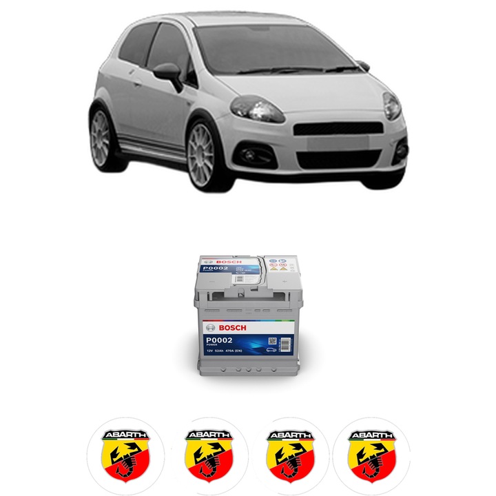 Baterie Acumulator 52 Ah 12 V 470 A ABARTH GRANDE PUNTO 1.4 ESSEESSE / SUPERSPORT (199.AXX1B) din 2008-2010 KW 132 CP 180 CMC 1368, auto, Bosch, 4x Stickere auto cu ABARTH